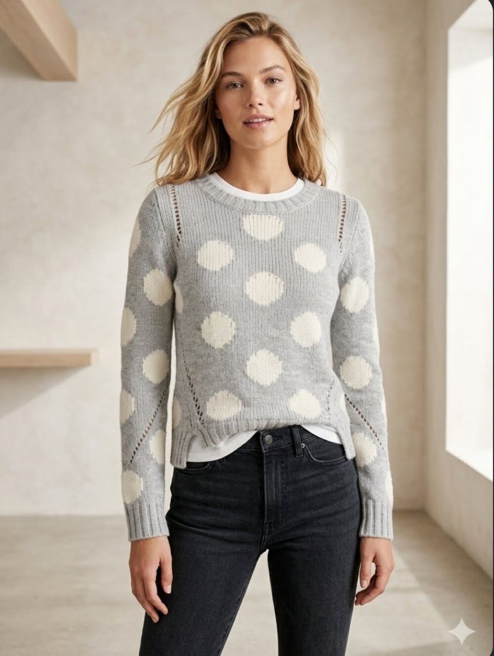DEX Polka-dot Pullover Pointelle Knit Sweater Long Sleeve Gray & White Size Xs